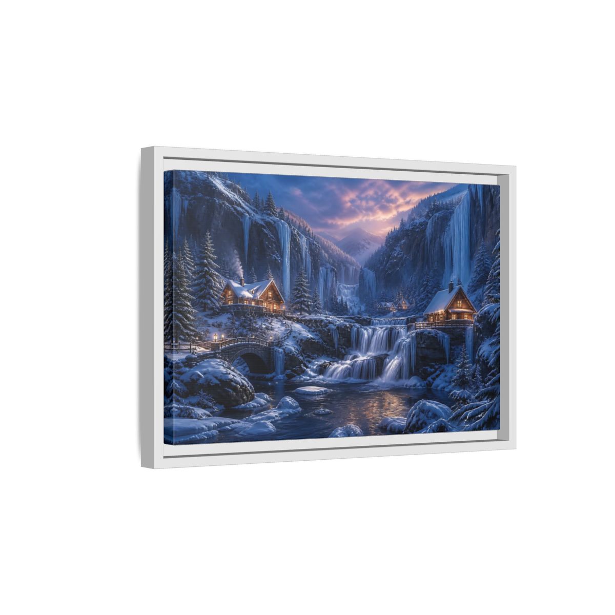 Side Mockup 4. Winter Cabin By Frozen Falls shown as framed canvas print