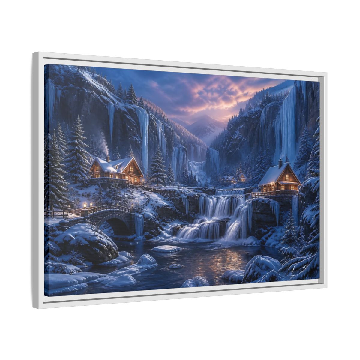 Side Mockup 10. Winter Cabin By Frozen Falls shown as framed canvas print