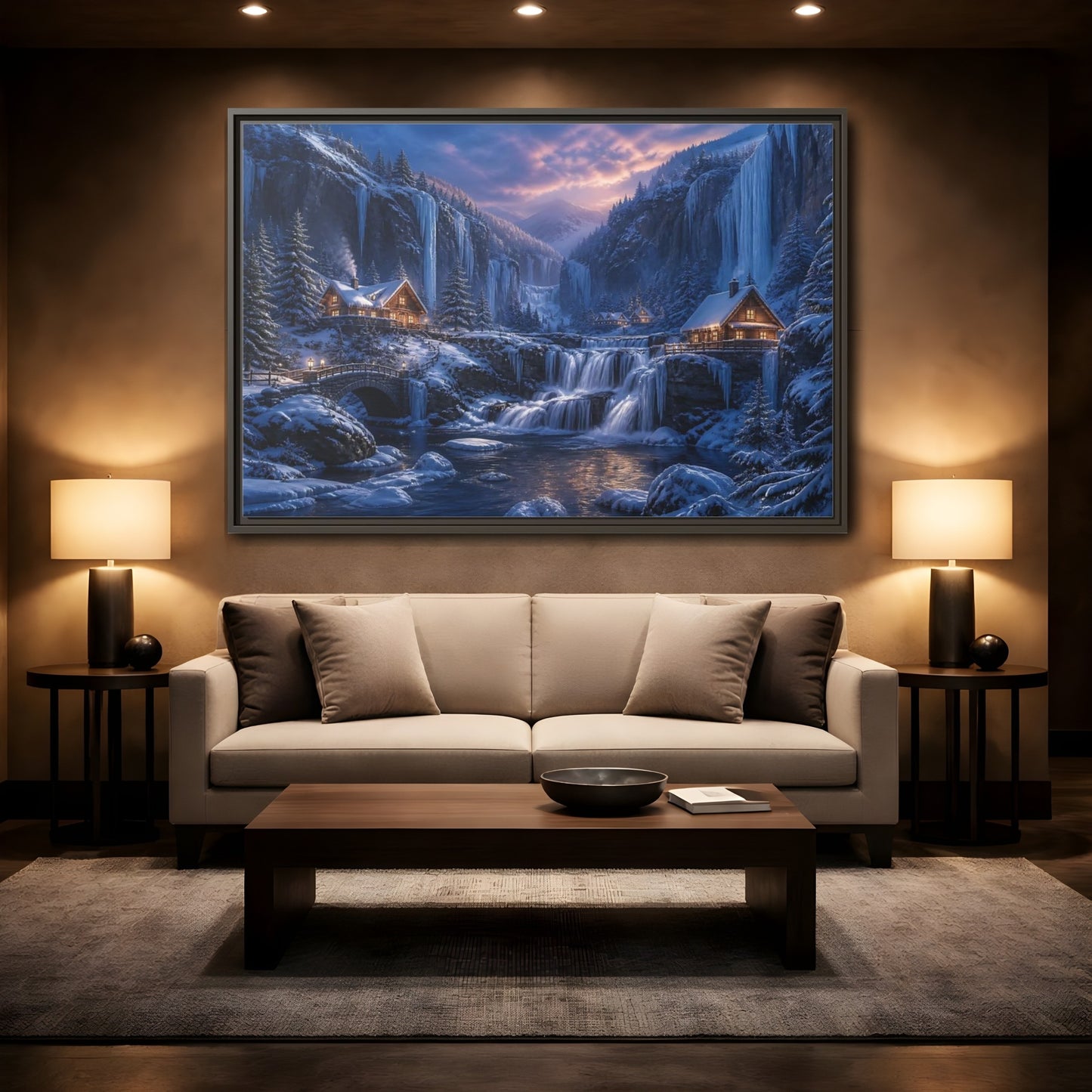 Mockup 2. Winter Cabin By Frozen Falls shown as framed canvas print