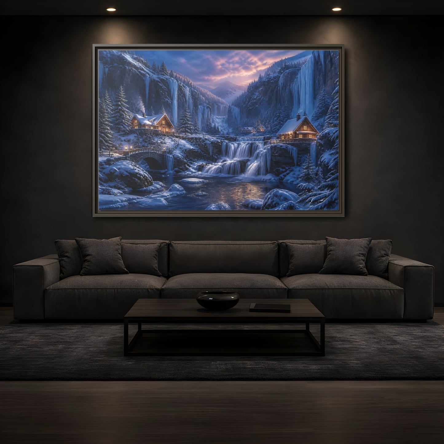 Mockup 3. Winter Cabin By Frozen Falls shown as framed canvas print