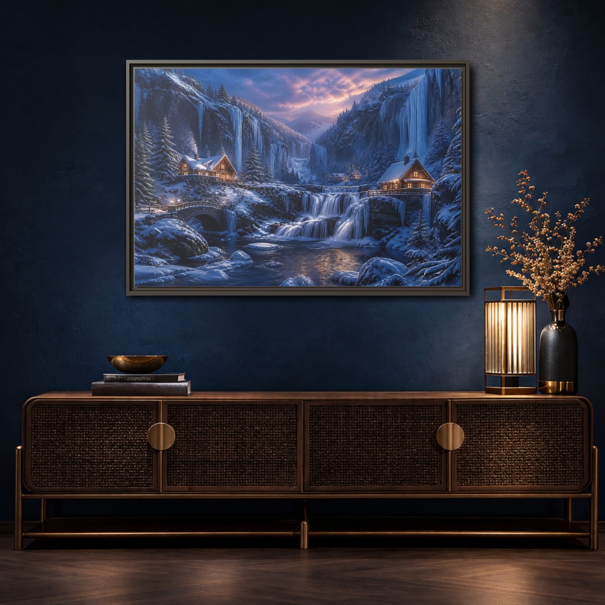 Mockup 4. Winter Cabin By Frozen Falls shown as framed canvas print