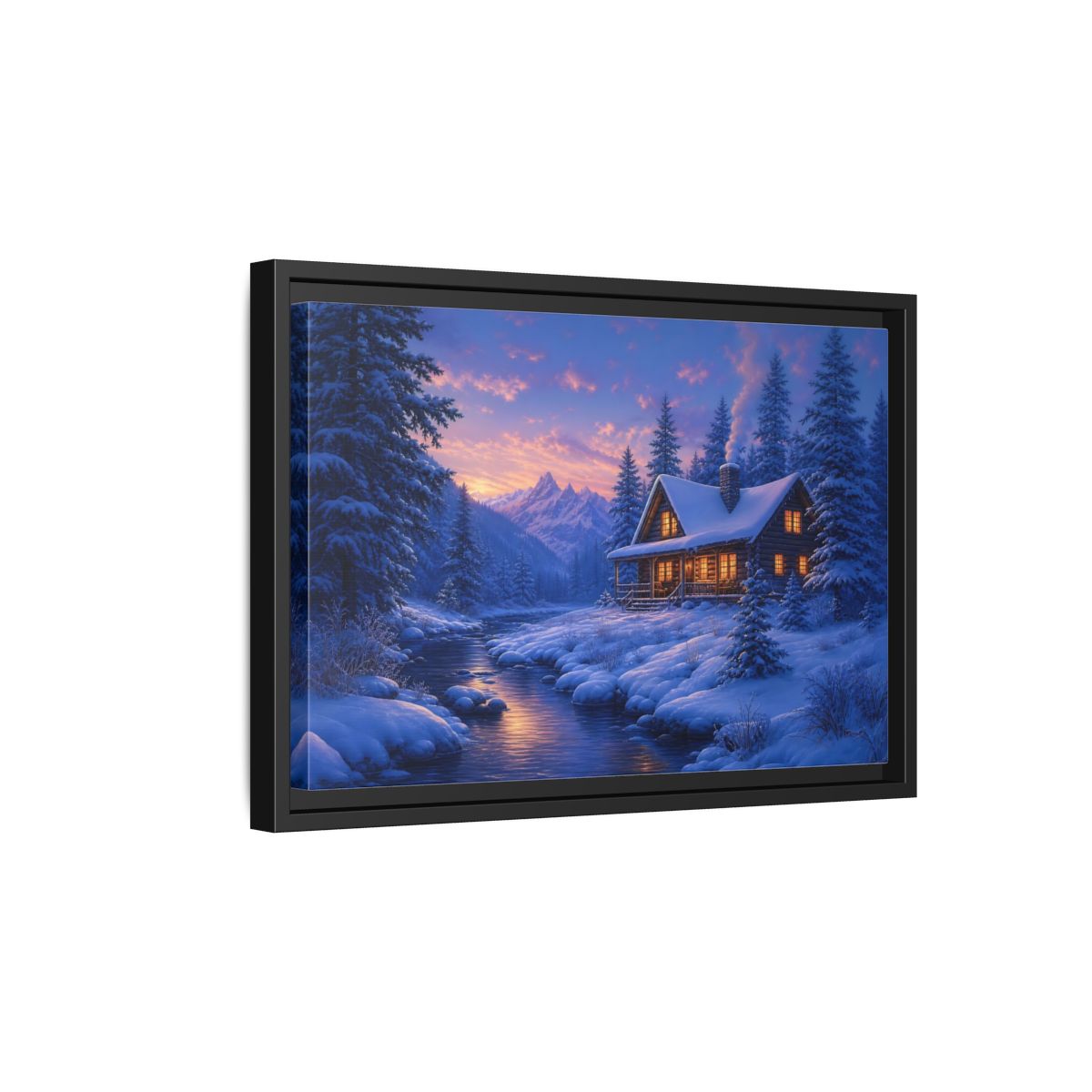 Side Mockup 6. Winter Cabin By The River shown as framed canvas print