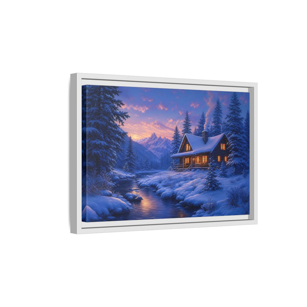 Side Mockup 4. Winter Cabin By The River shown as framed canvas print