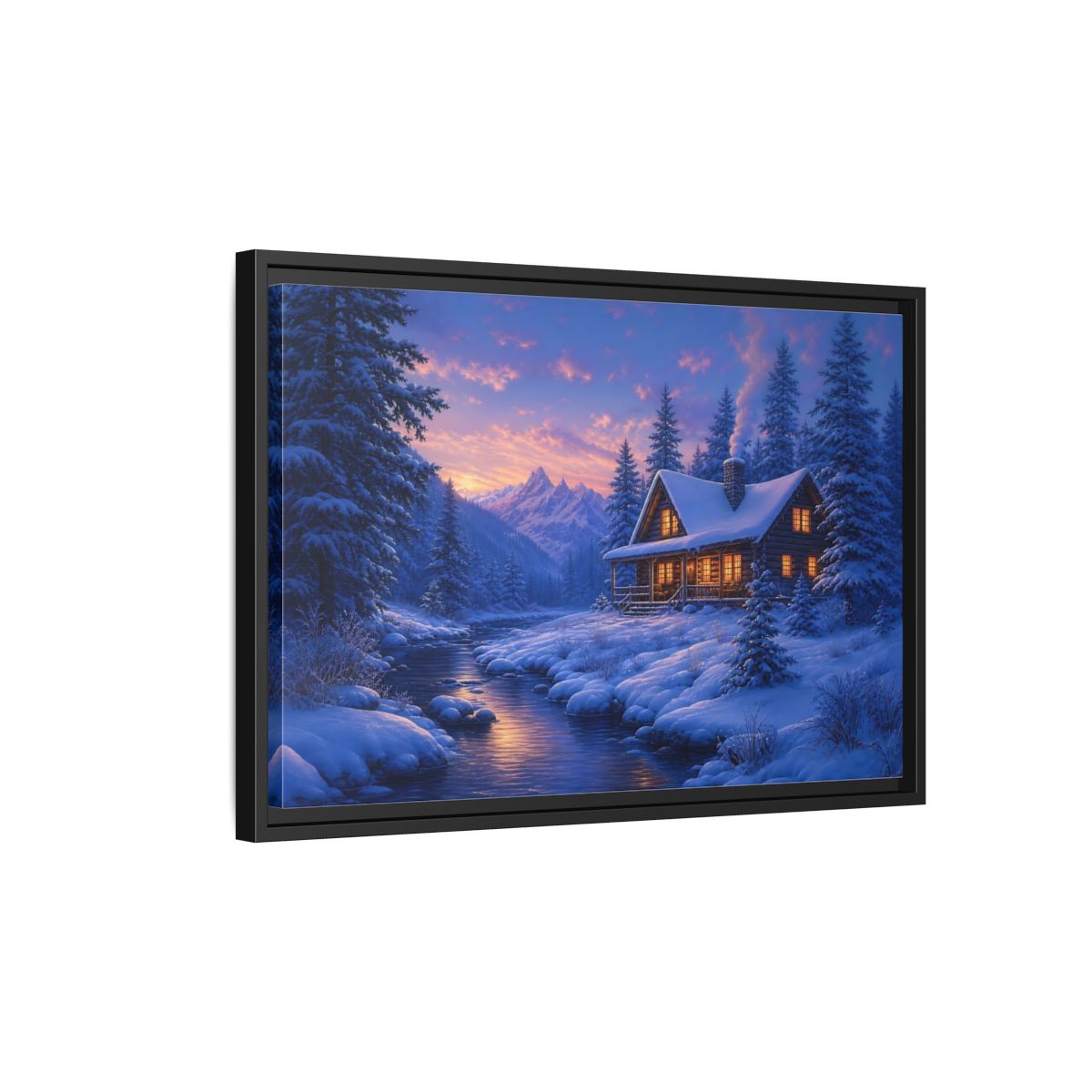 Side Mockup 3. Winter Cabin By The River shown as framed canvas print