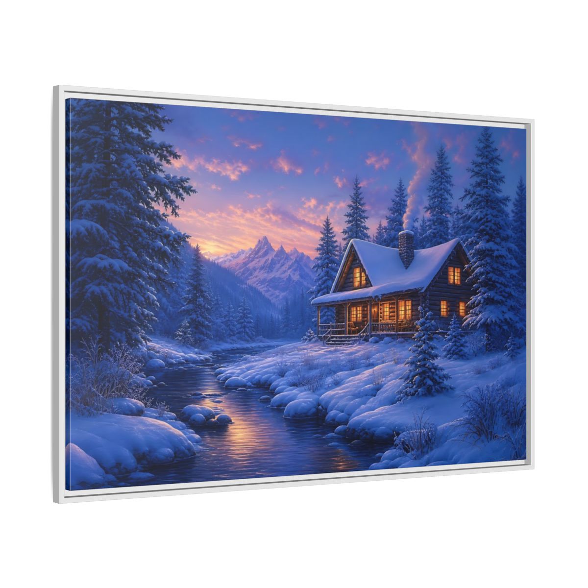 Side Mockup 7. Winter Cabin By The River shown as framed canvas print