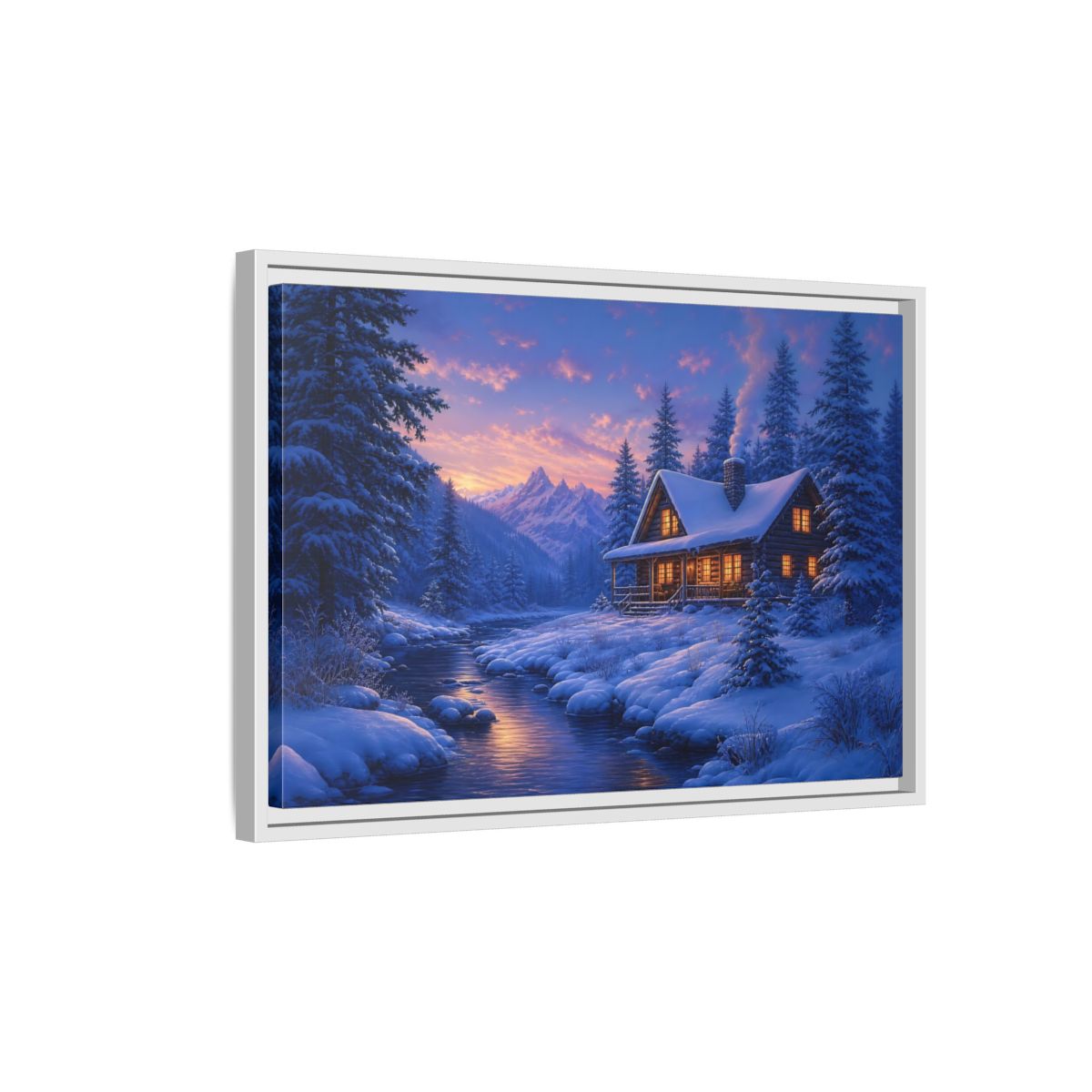 Side Mockup 1. Winter Cabin By The River shown as framed canvas print