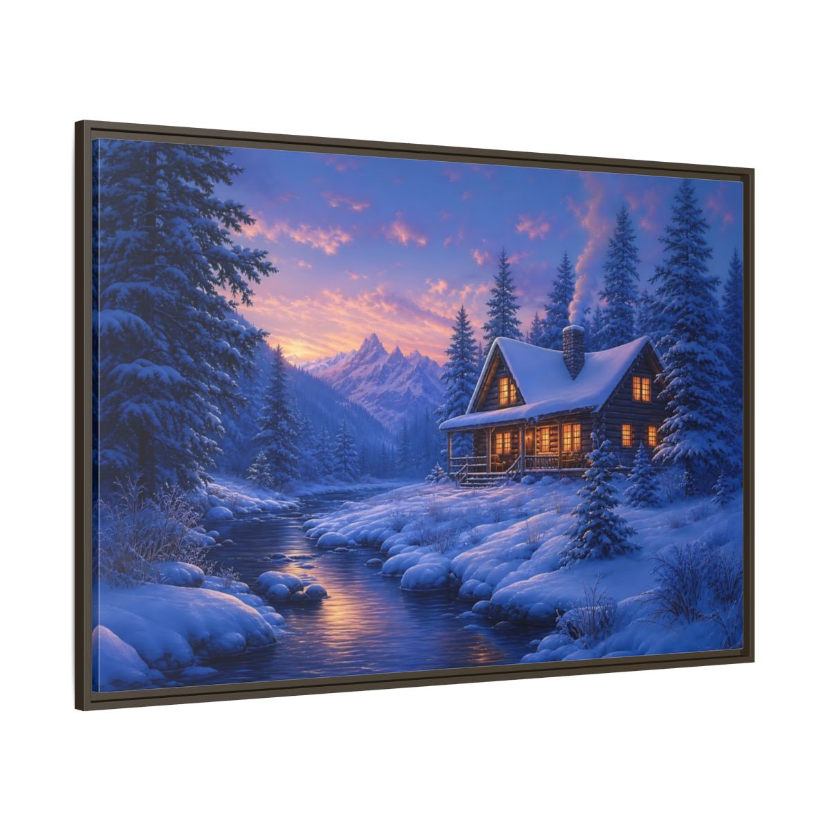 Side Mockup 8. Winter Cabin By The River shown as framed canvas print