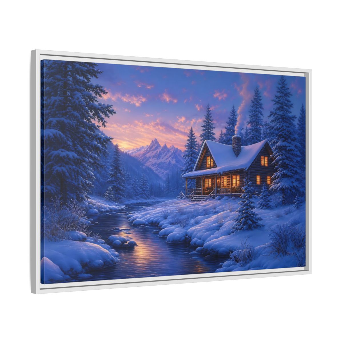 Side Mockup 9. Winter Cabin By The River shown as framed canvas print