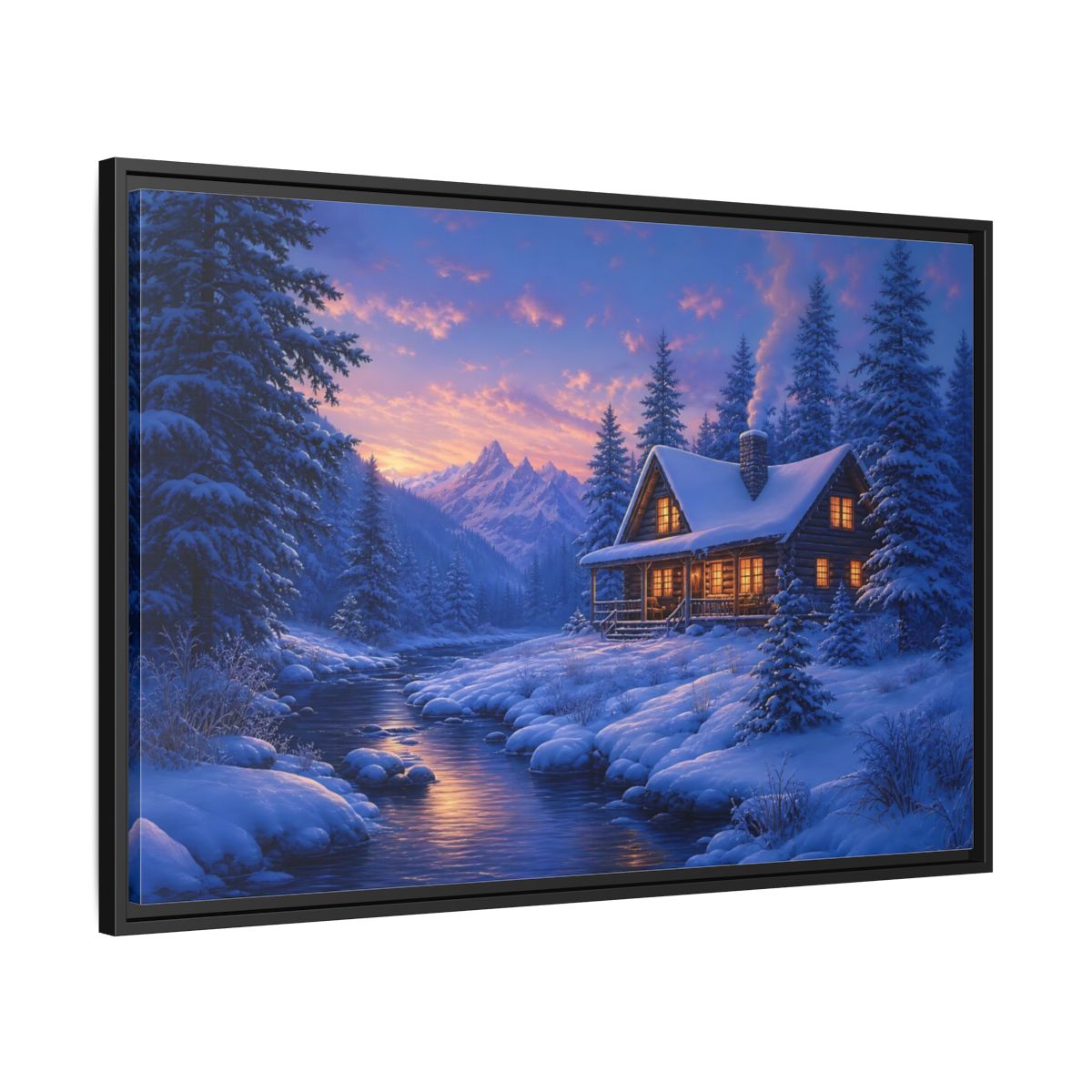Side Mockup 13. Winter Cabin By The River shown as framed canvas print