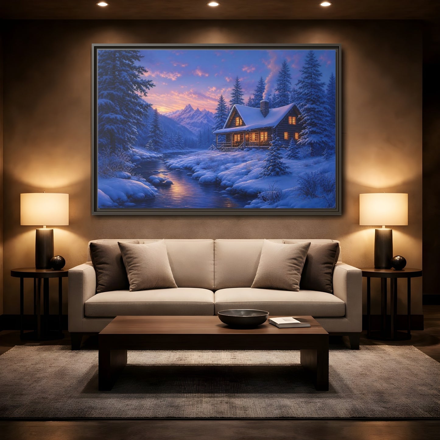 Mockup 2. Winter Cabin By The River shown as framed canvas print