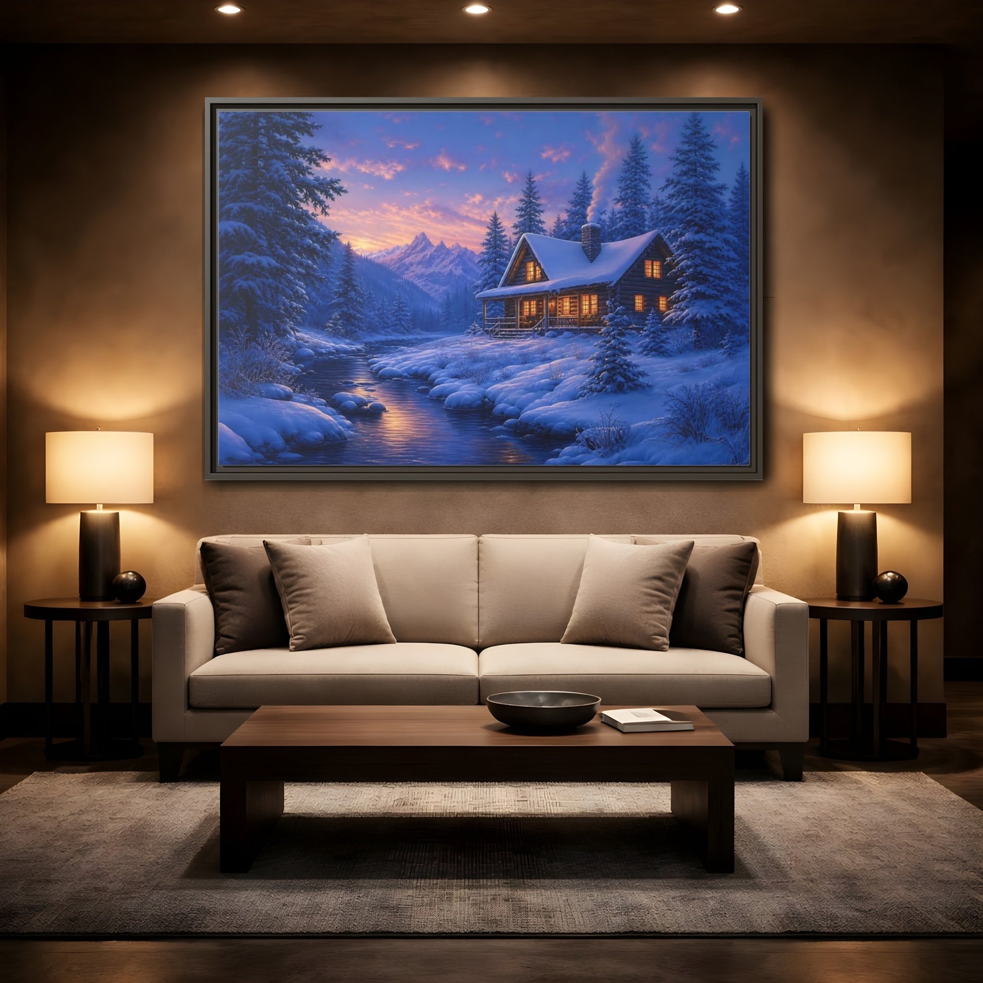 Mockup 2. Winter Cabin By The River shown as framed canvas print