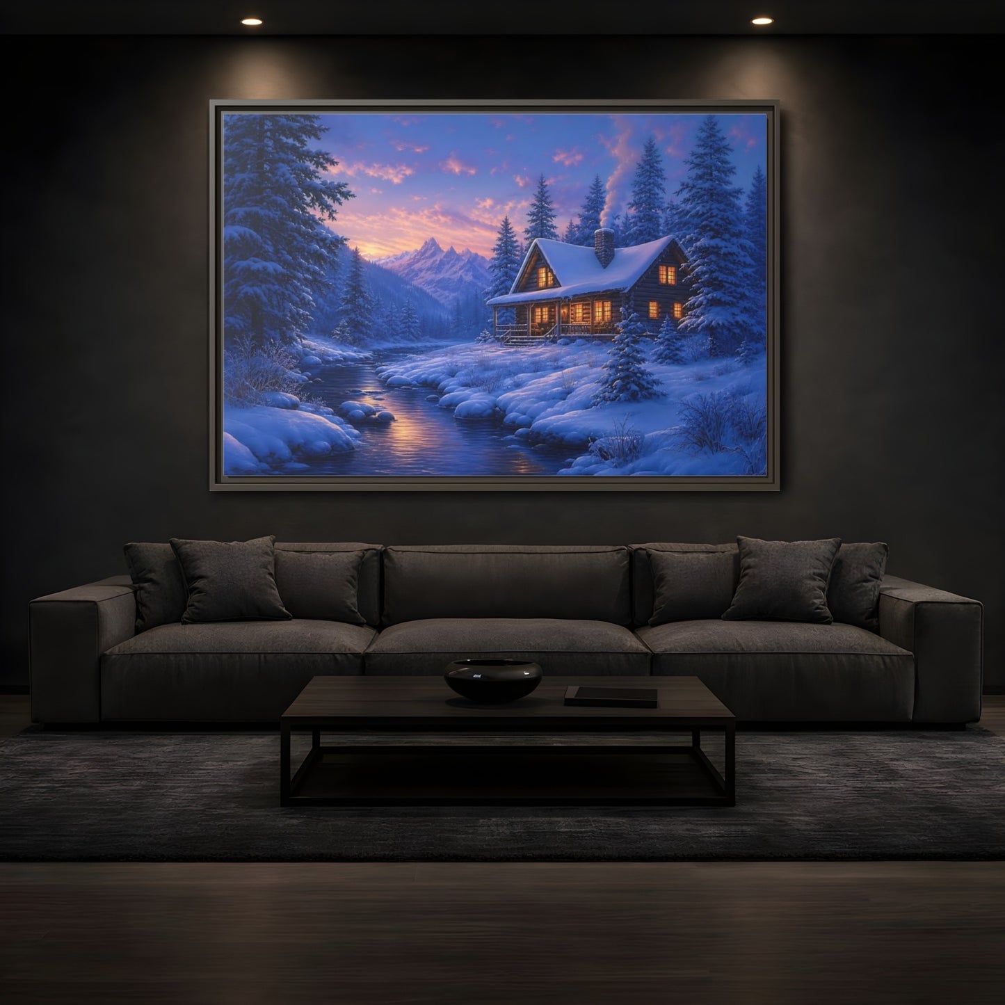 Mockup 3. Winter Cabin By The River shown as framed canvas print