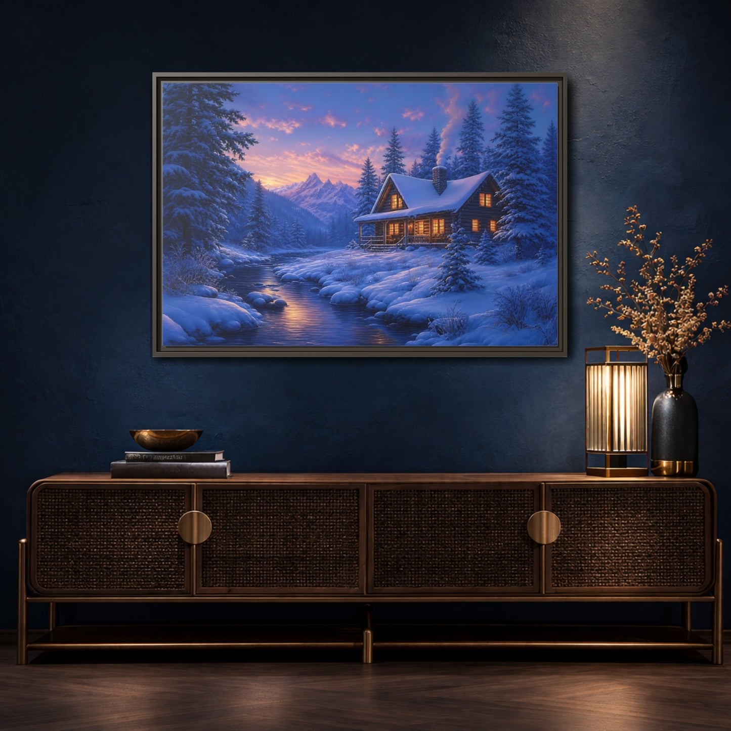 Mockup 4. Winter Cabin By The River shown as framed canvas print