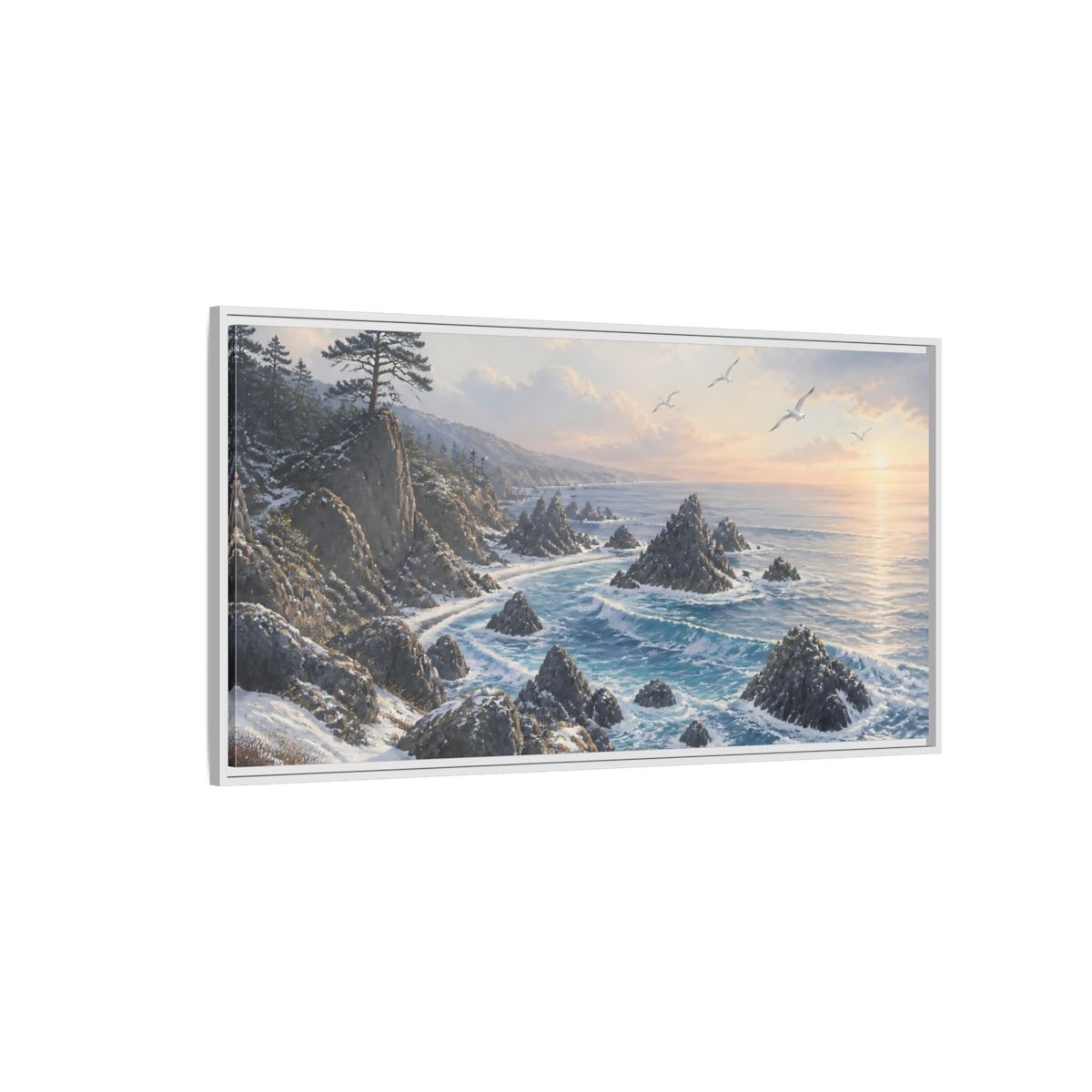 Side Mockup 3. Winter Coastline At Sunrise shown as framed canvas print