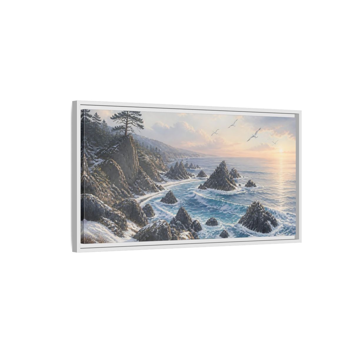 Side Mockup 1. Winter Coastline At Sunrise shown as framed canvas print