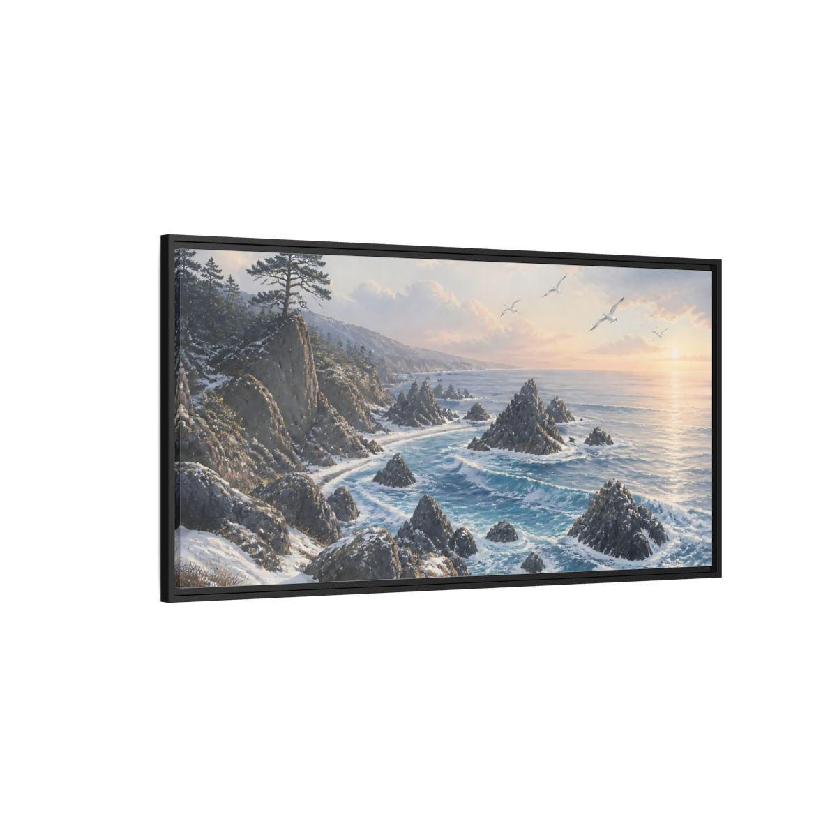 Side Mockup 5. Winter Coastline At Sunrise shown as framed canvas print