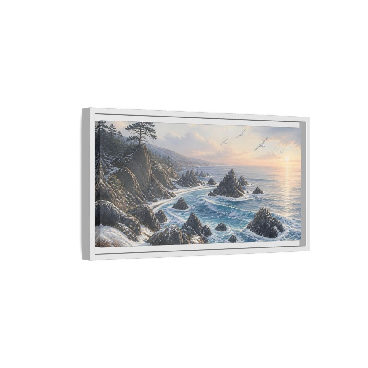 Side Mockup 6. Winter Coastline At Sunrise shown as framed canvas print