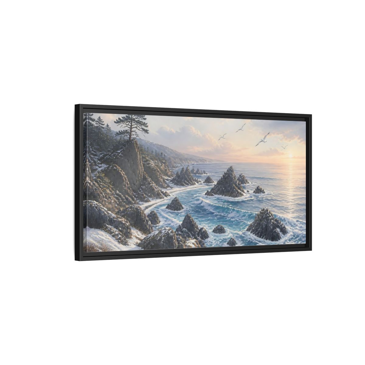 Side Mockup 2. Winter Coastline At Sunrise shown as framed canvas print