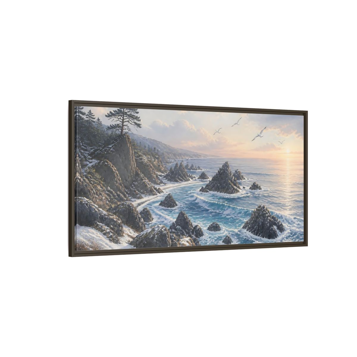 Side Mockup 4. Winter Coastline At Sunrise shown as framed canvas print