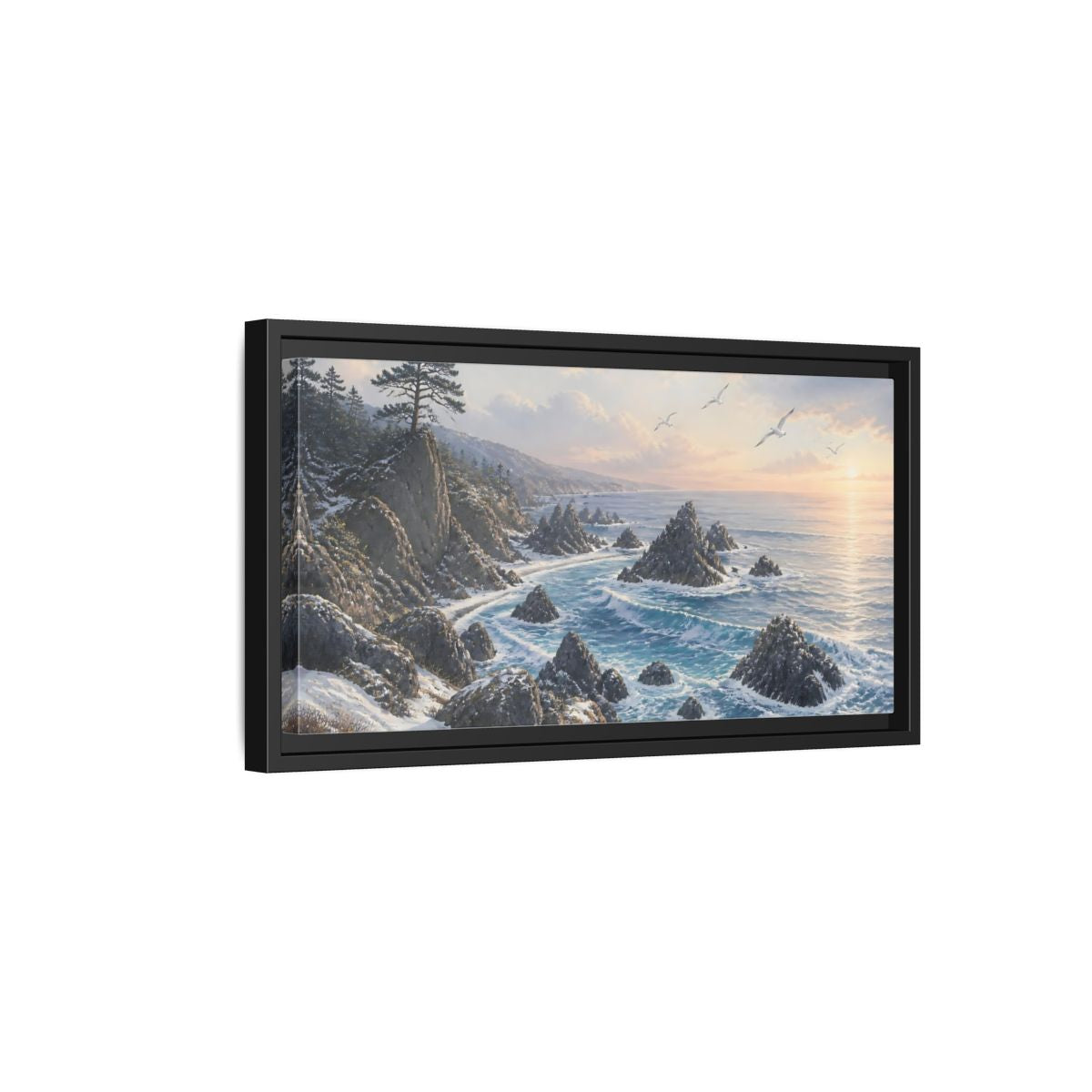 Side Mockup 8. Winter Coastline At Sunrise shown as framed canvas print