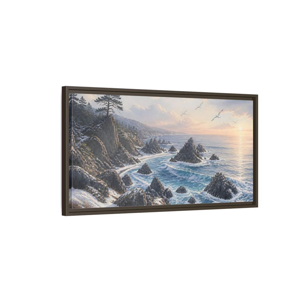 Main Mockup. Winter Coastline At Sunrise shown as framed canvas print