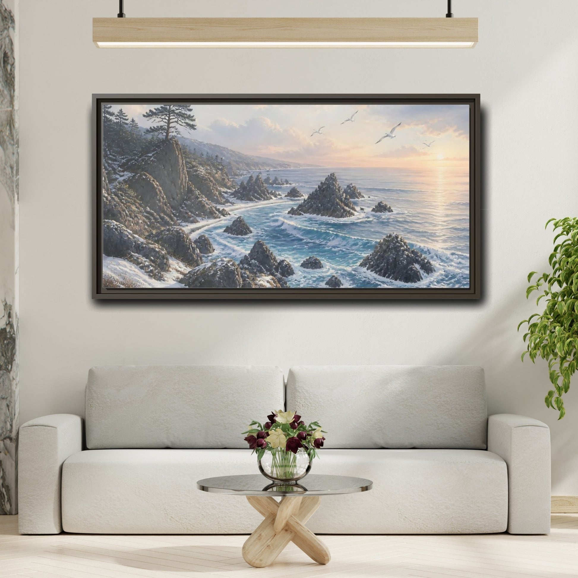 Mockup 2. Winter Coastline At Sunrise shown as framed canvas print