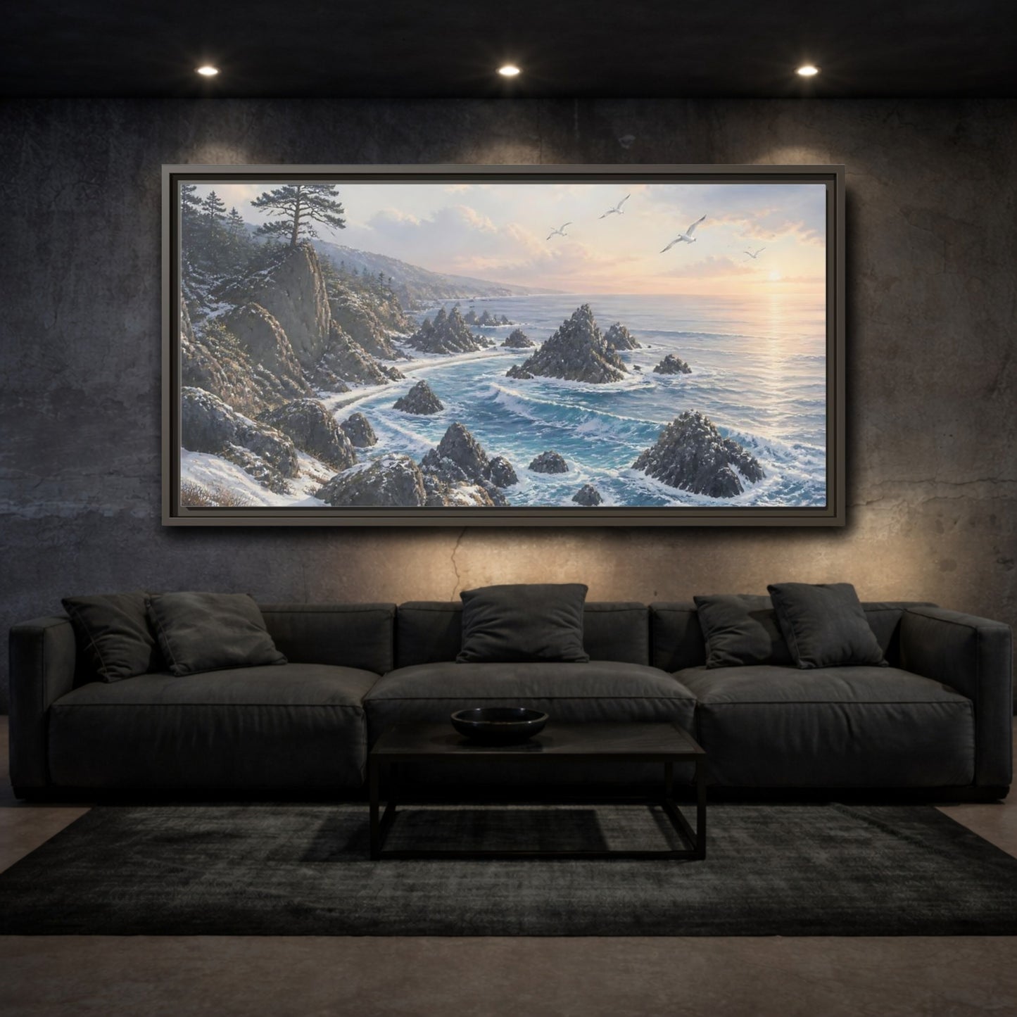 Mockup 3. Winter Coastline At Sunrise shown as framed canvas print