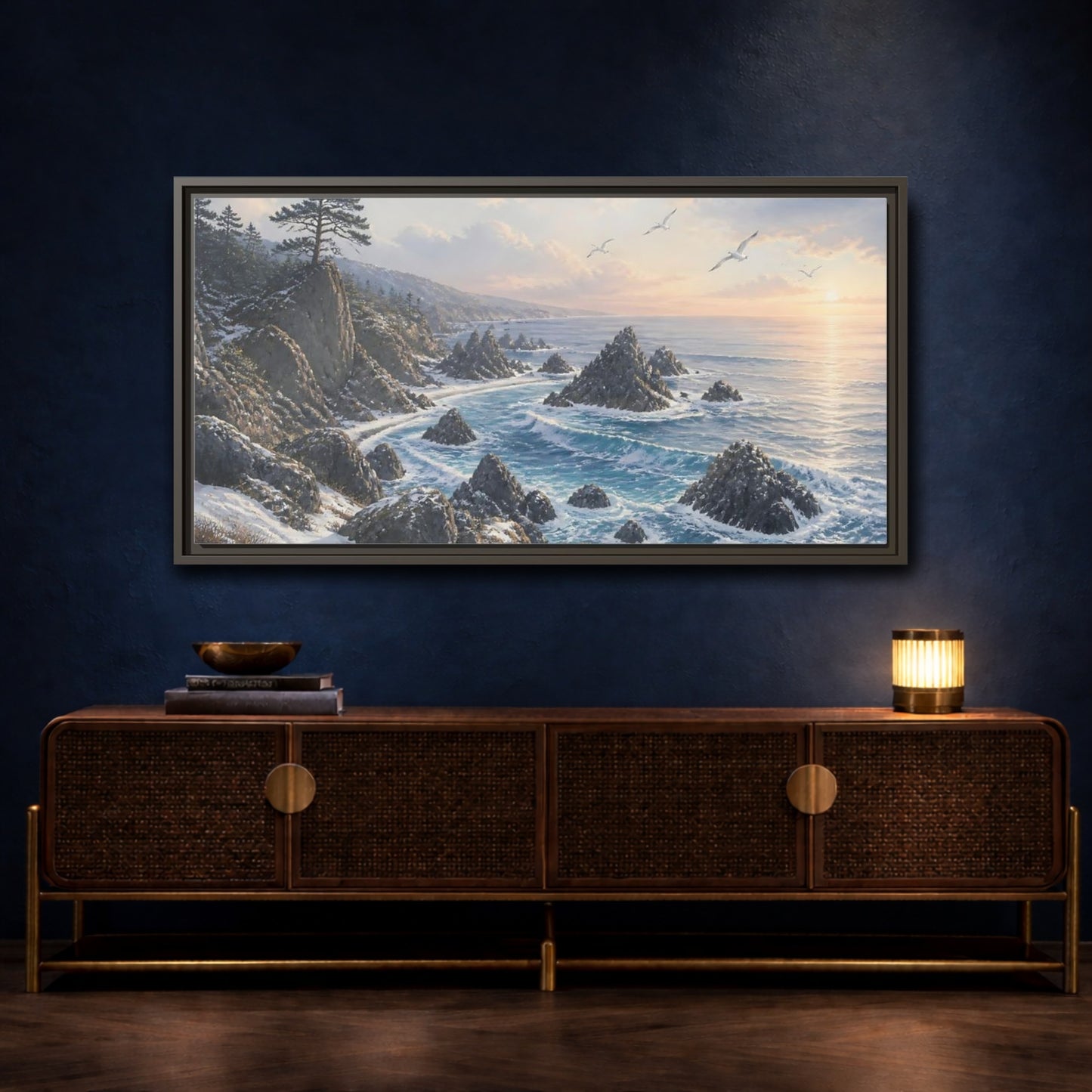 Mockup 4. Winter Coastline At Sunrise shown as framed canvas print