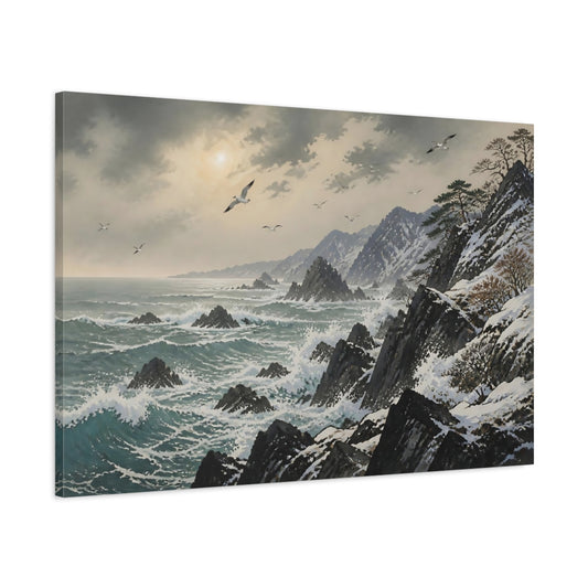 Main Mockup. Winter Coastline With Seabirds shown as canvas print