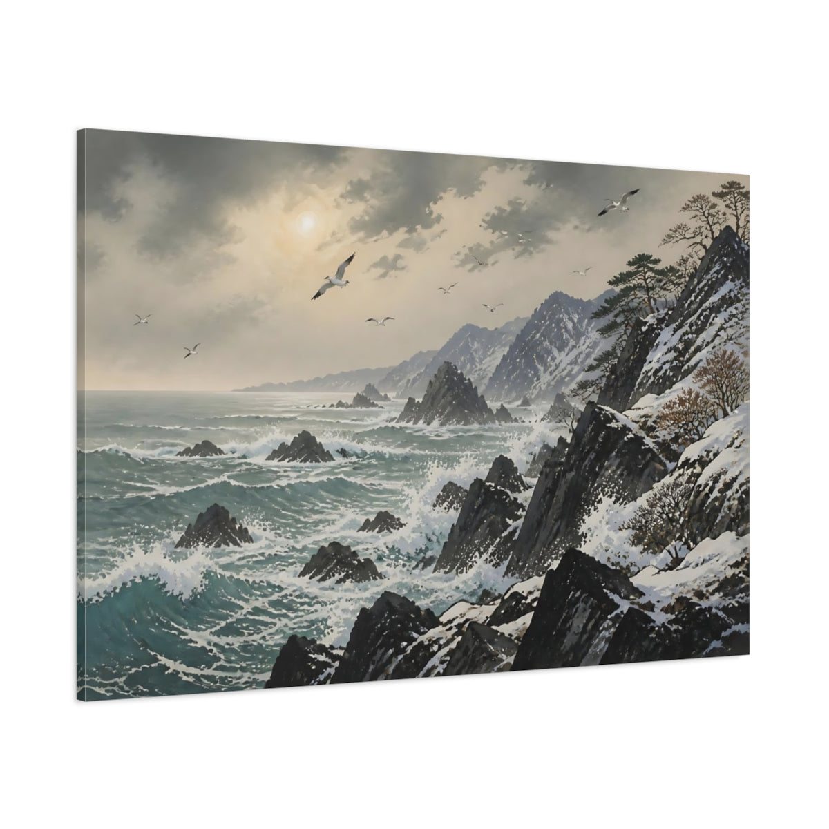 Side Mockup 1. Winter Coastline With Seabirds shown as canvas print