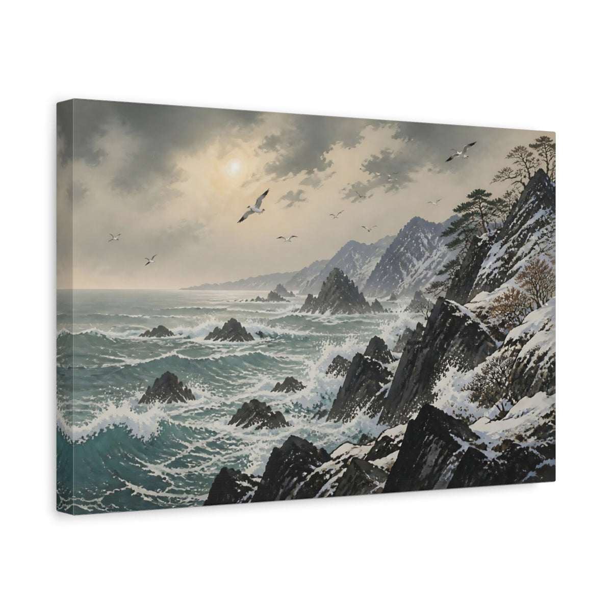 Side Mockup 4. Winter Coastline With Seabirds shown as canvas print