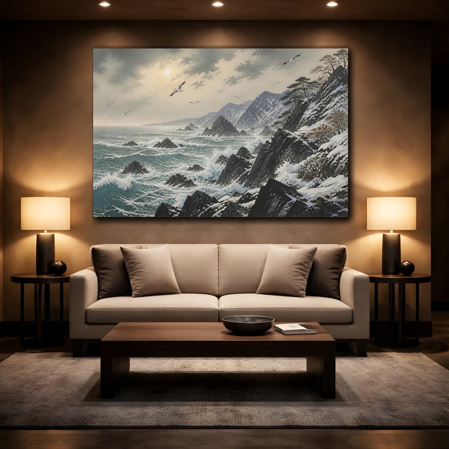 Mockup 2. Winter Coastline With Seabirds shown as canvas print