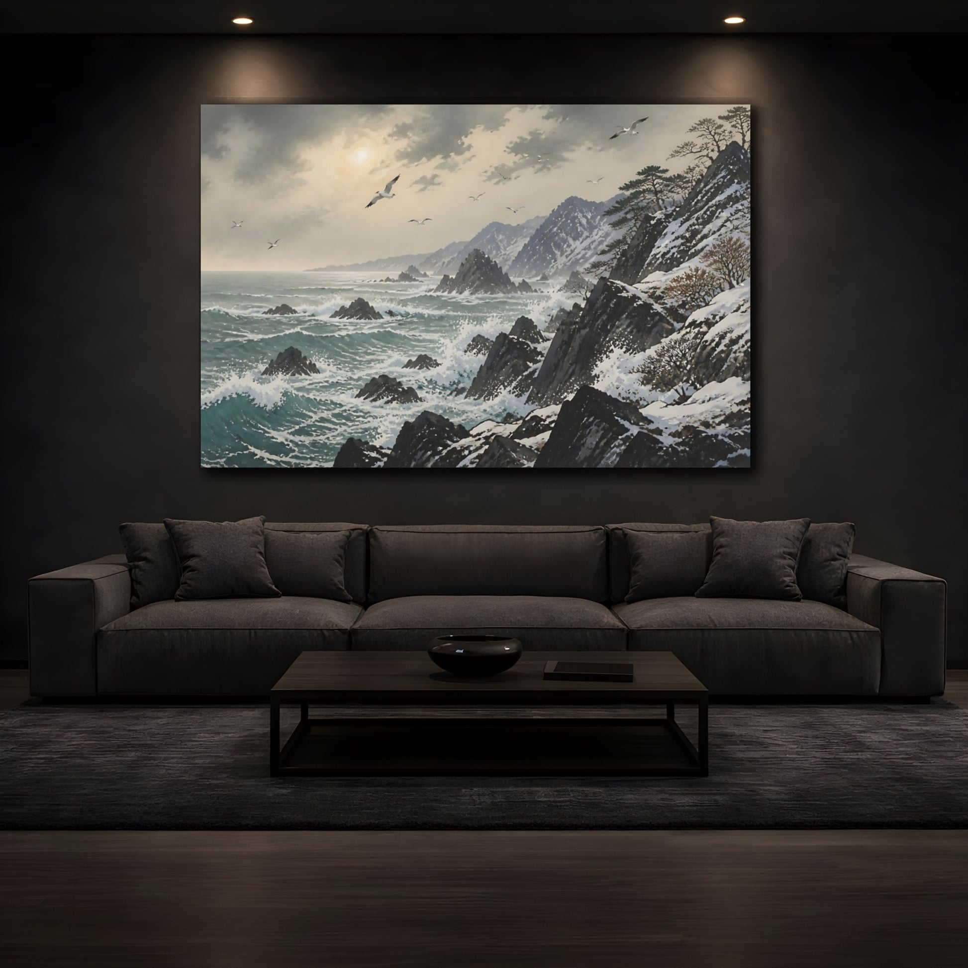 Mockup 3. Winter Coastline With Seabirds shown as canvas print