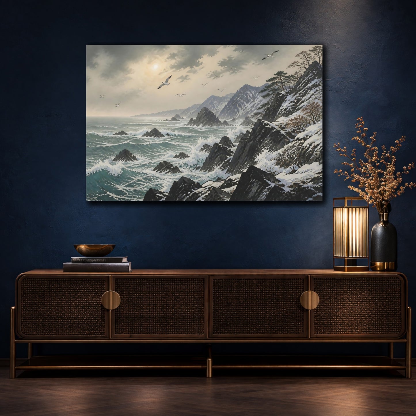 Mockup 4. Winter Coastline With Seabirds shown as canvas print