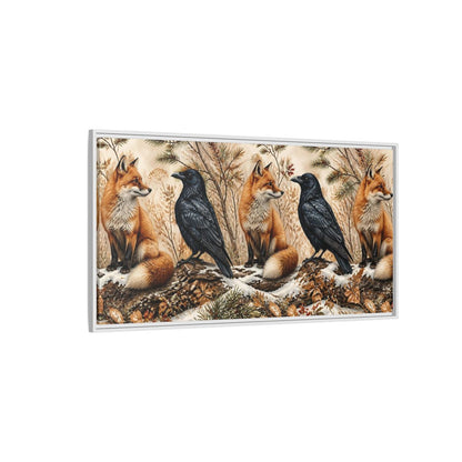 Side Mockup 3. Winter Fox And Raven shown as framed canvas print