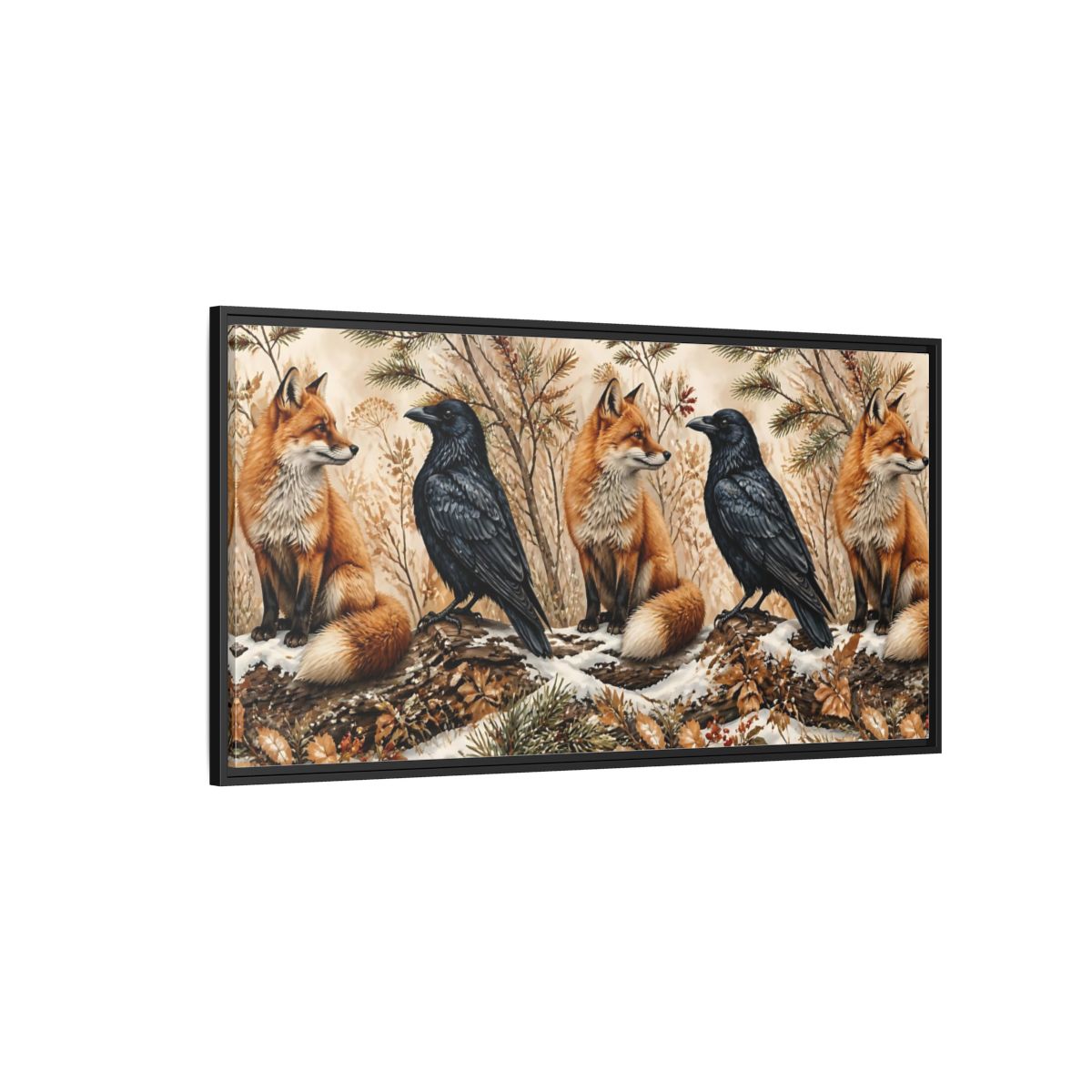 Side Mockup 5. Winter Fox And Raven shown as framed canvas print