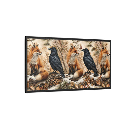 Side Mockup 5. Winter Fox And Raven shown as framed canvas print