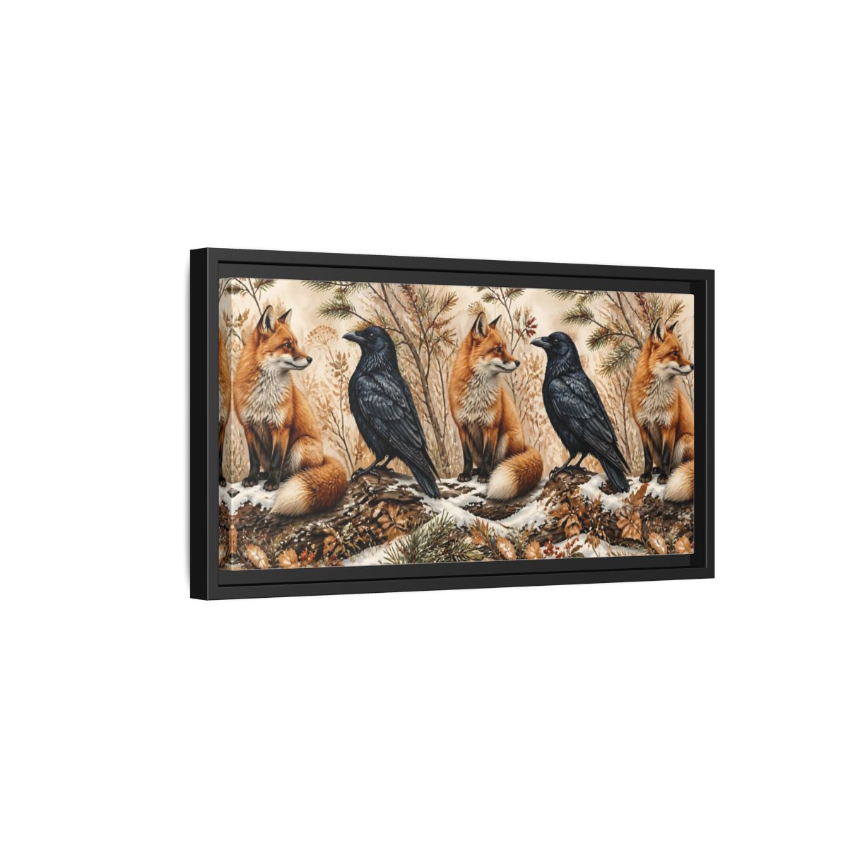 Side Mockup 8. Winter Fox And Raven shown as framed canvas print