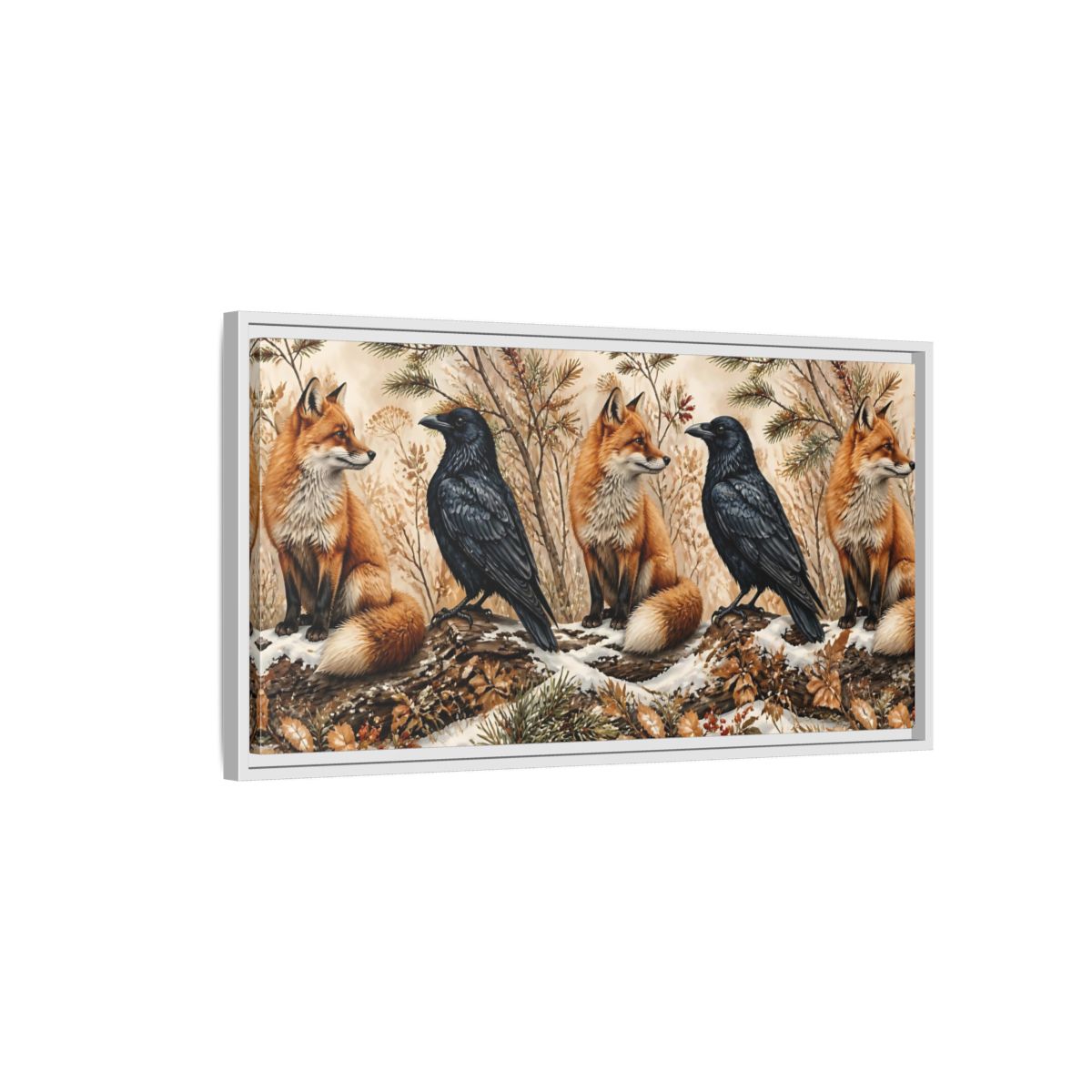 Side Mockup 1. Winter Fox And Raven shown as framed canvas print