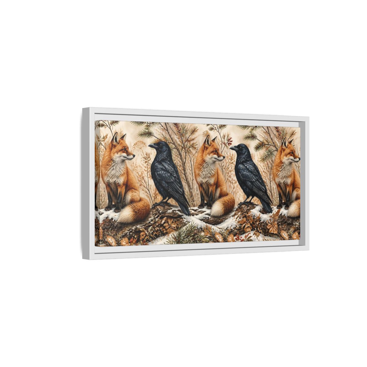 Side Mockup 6. Winter Fox And Raven shown as framed canvas print