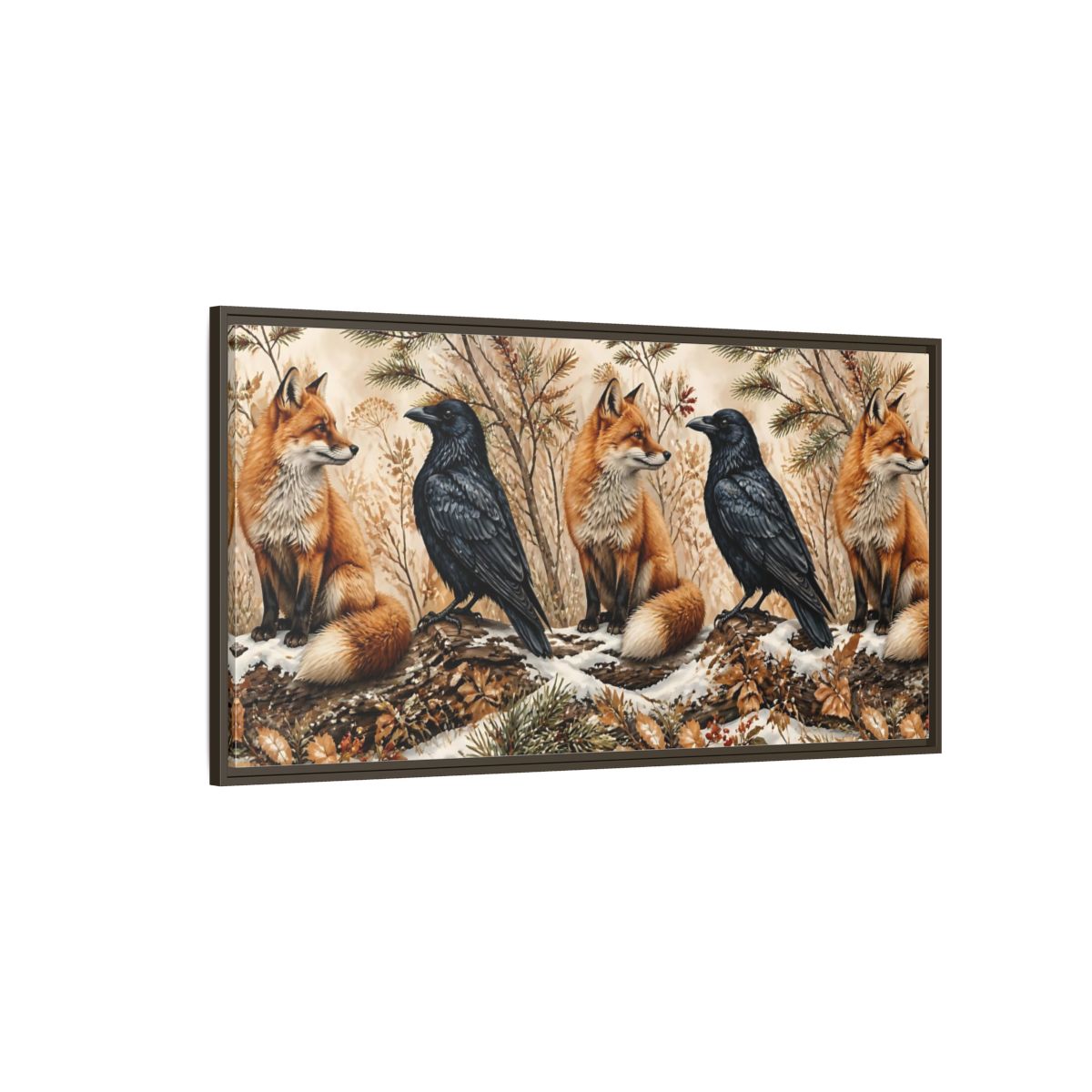 Side Mockup 4. Winter Fox And Raven shown as framed canvas print