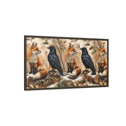 Side Mockup 4. Winter Fox And Raven shown as framed canvas print