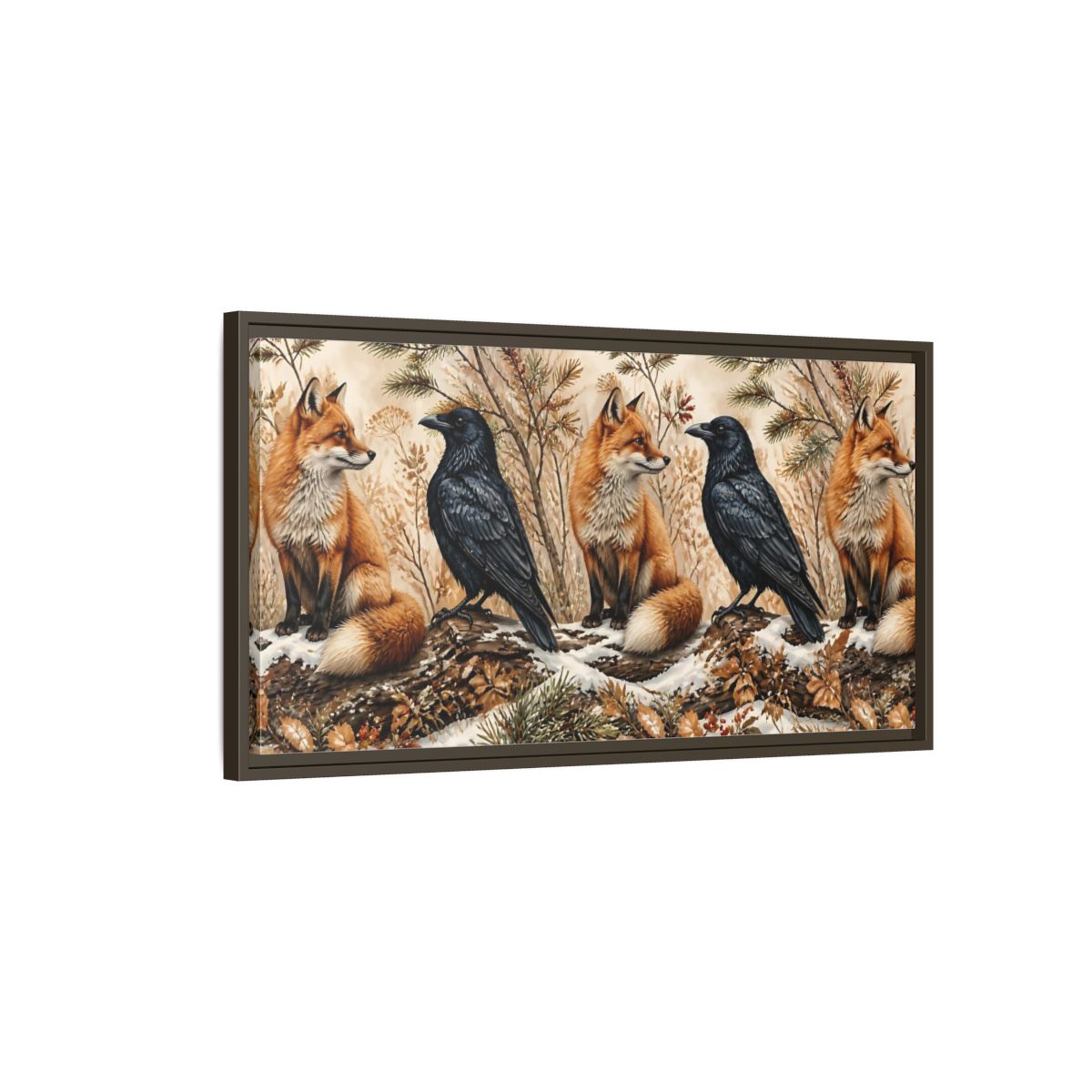 Main Mockup. Winter Fox And Raven shown as framed canvas print