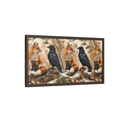 Main Mockup. Winter Fox And Raven shown as framed canvas print