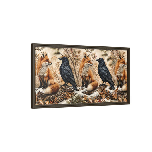 Main Mockup. Winter Fox And Raven shown as framed canvas print