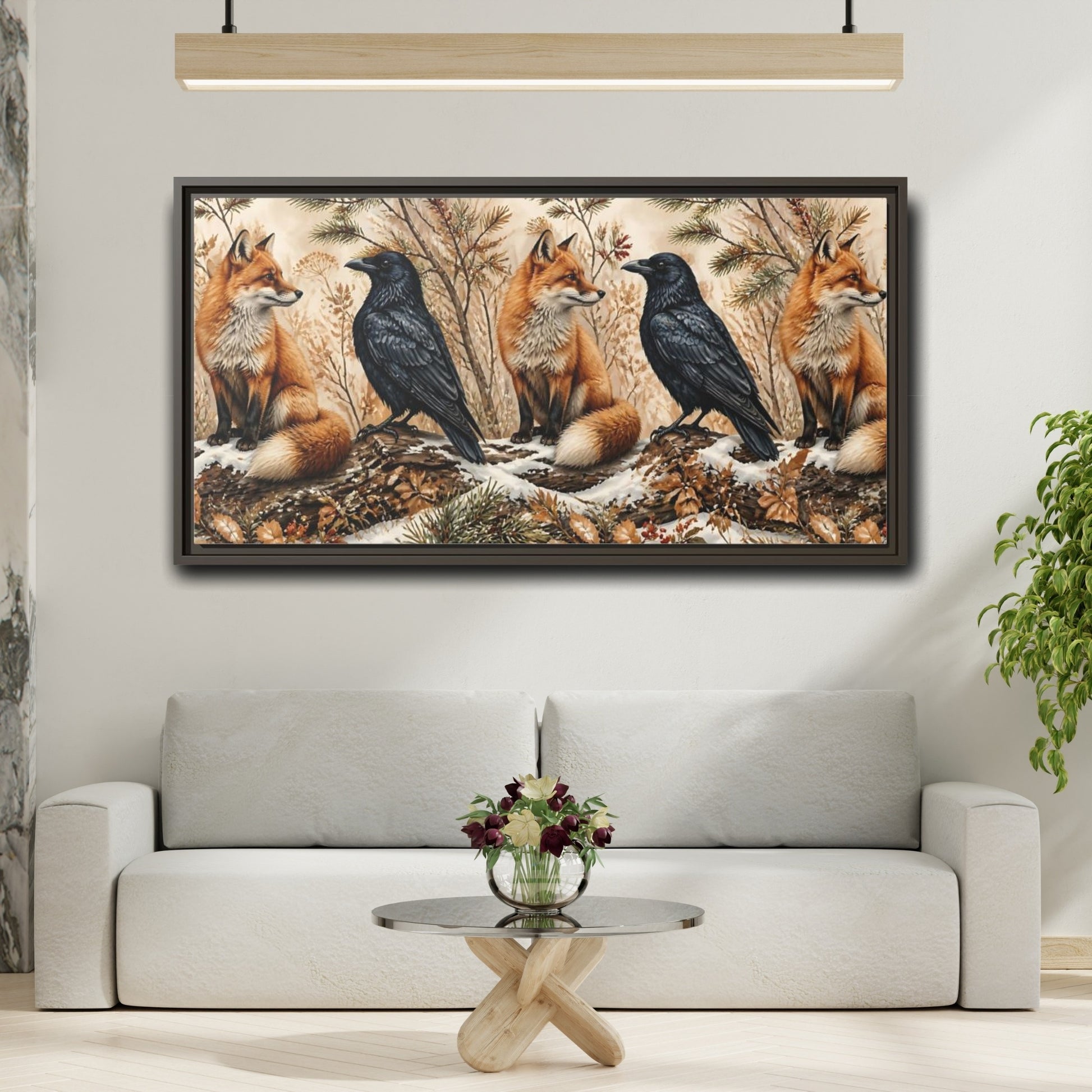 Mockup 2. Winter Fox And Raven shown as framed canvas print