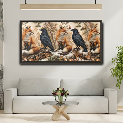 Mockup 2. Winter Fox And Raven shown as framed canvas print