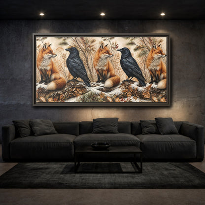 Mockup 3. Winter Fox And Raven shown as framed canvas print
