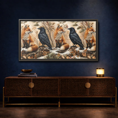 Mockup 4. Winter Fox And Raven shown as framed canvas print