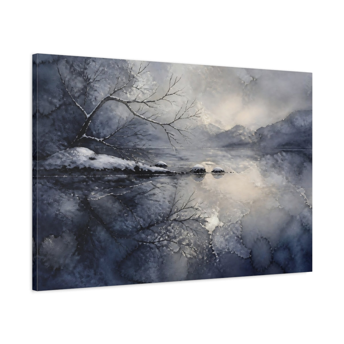 Main Mockup. Winter Lake Reflection shown as canvas print